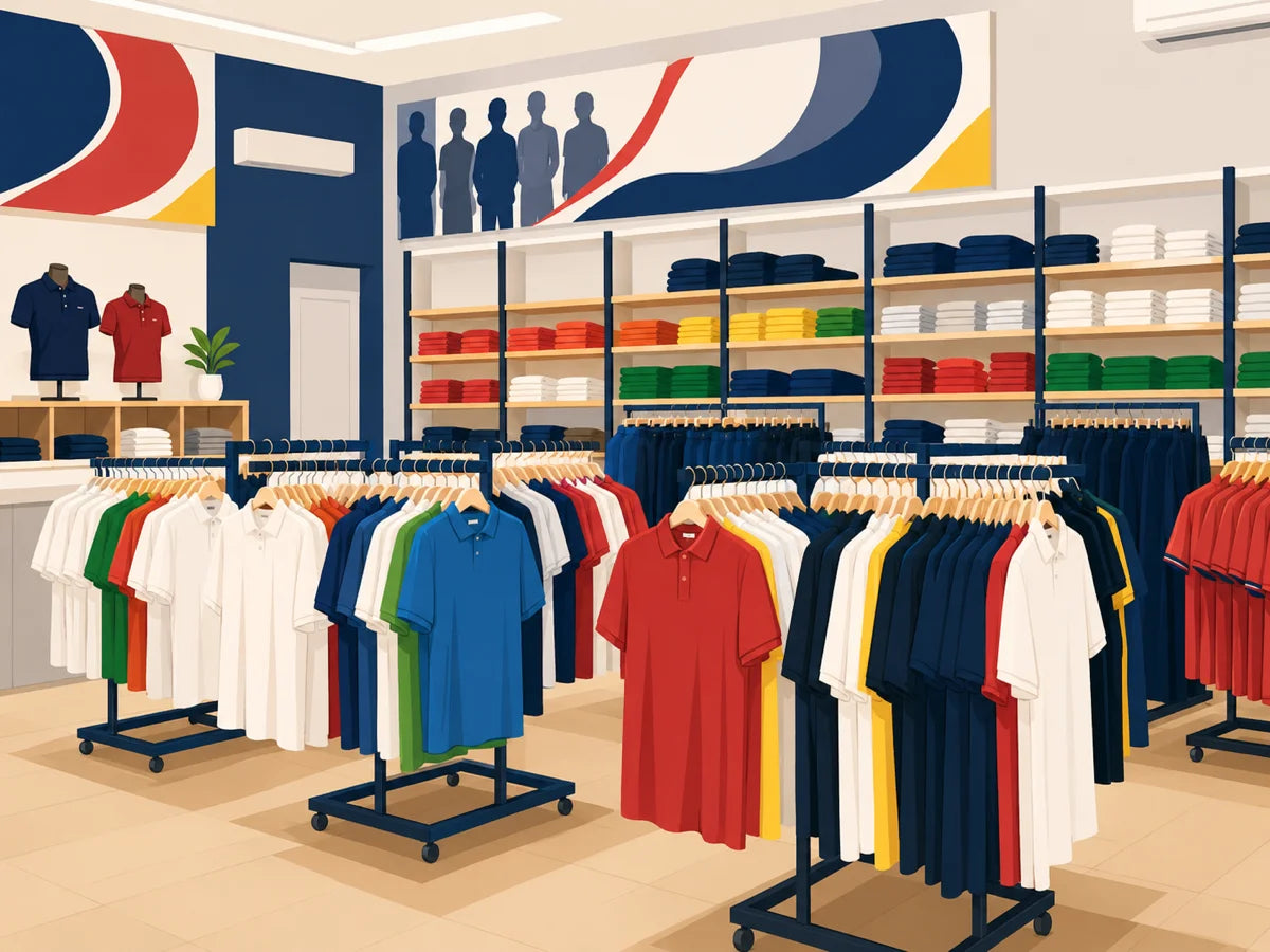 Ilustración de la tienda Bordados y Estampados de Juncos, con uniformes y ropa personalizada en exhibición
